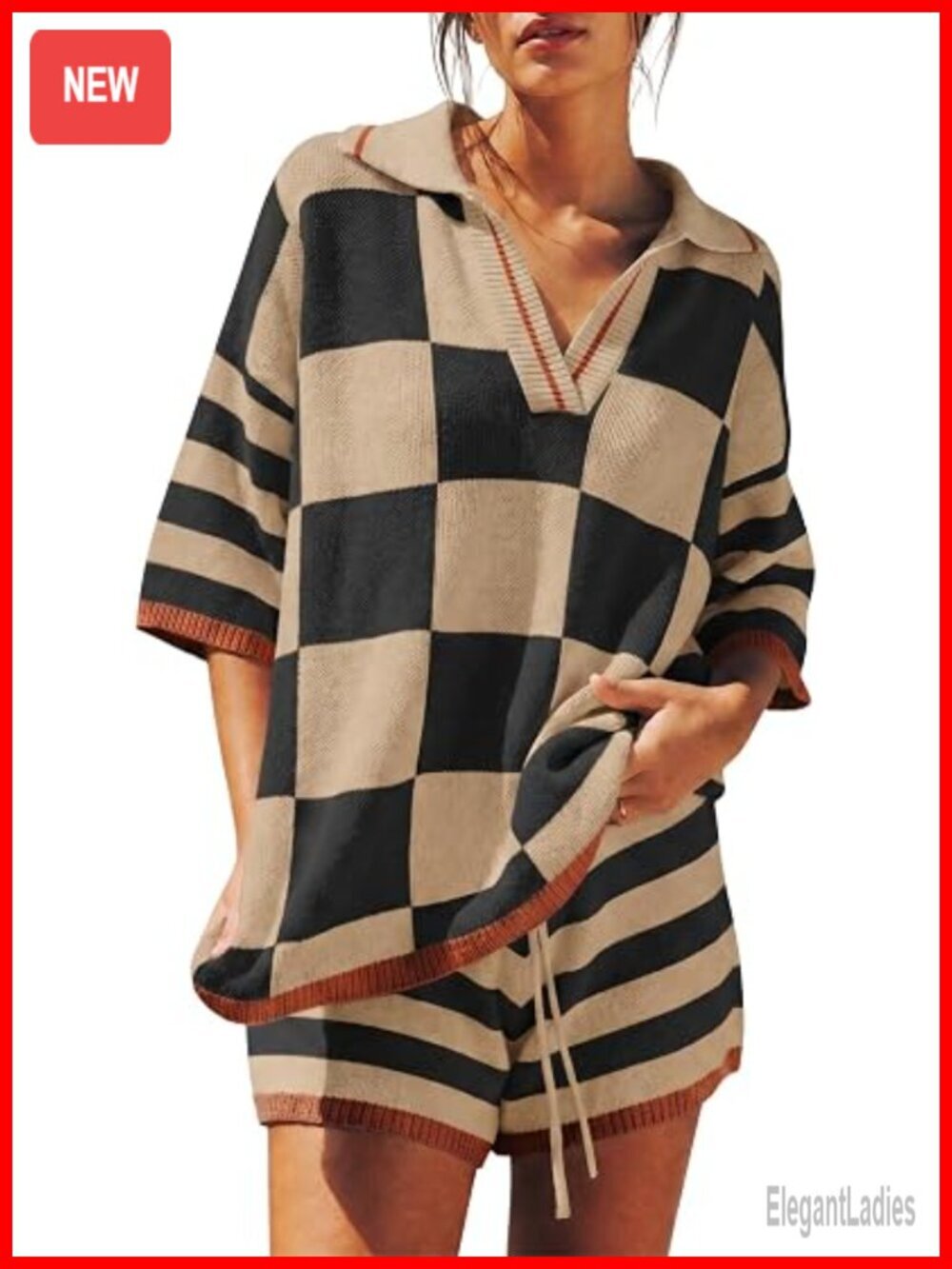 V Neck Knit Short Set Color Block Striped Lounge Matching Set